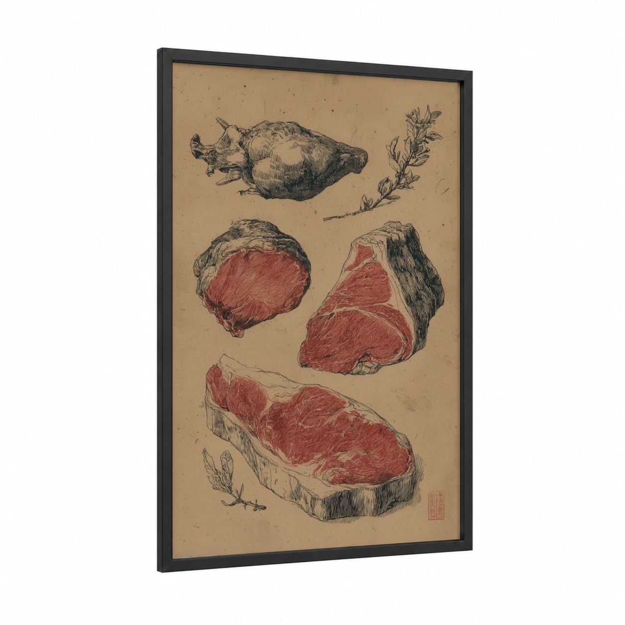 Butcher's Study framed meat print — black wood frame — beige and red palette