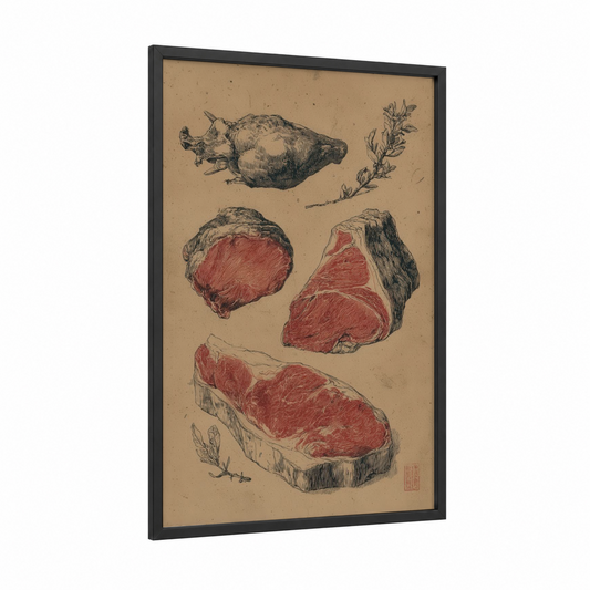 Butcher's Study framed meat print — black wood frame — beige and red palette