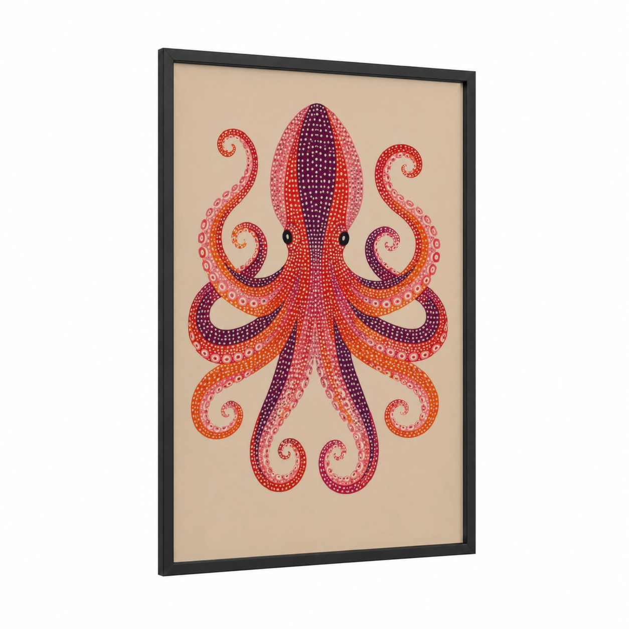 Dotted Octopus Geometric Wall Art framed art print — black wood frame — orange and purple palette