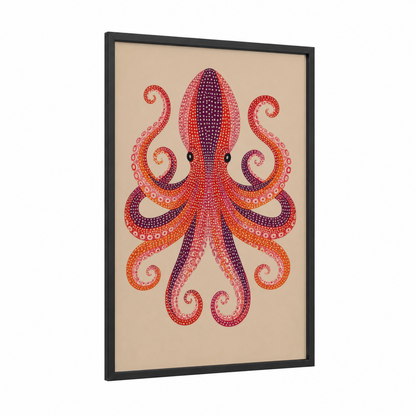 Dotted Octopus Geometric Wall Art framed art print — black wood frame — orange and purple palette