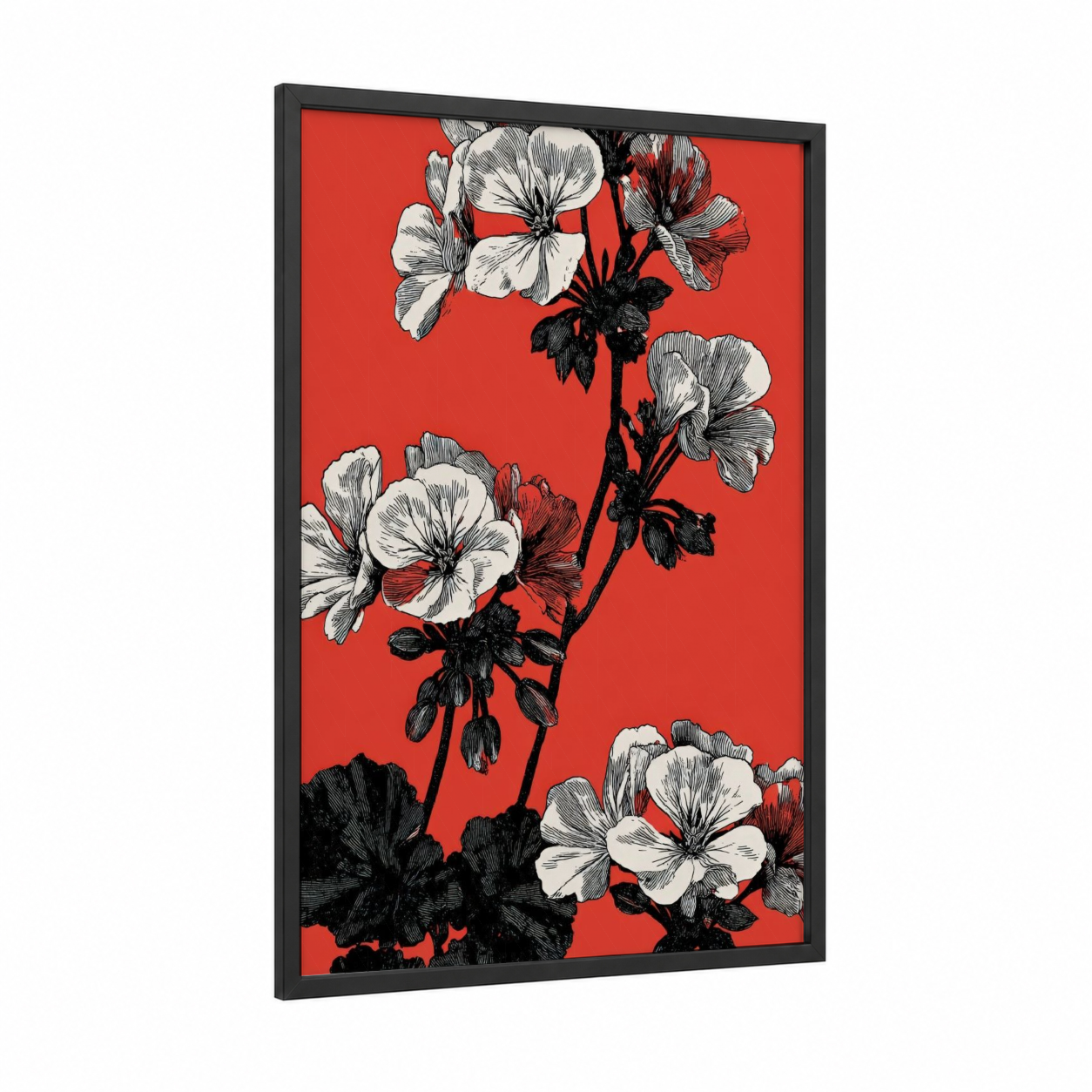 Scarlet Geranium framed art print — black wood frame — red and black and white palette