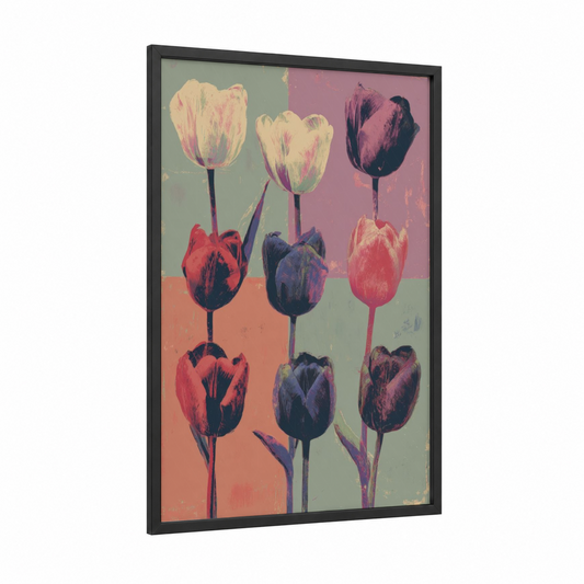 Pop Art Tulips framed art print — black wood frame — magenta and cream palette