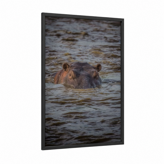 Bathing Hippo framed art print — black wood frame — brown and gray palette