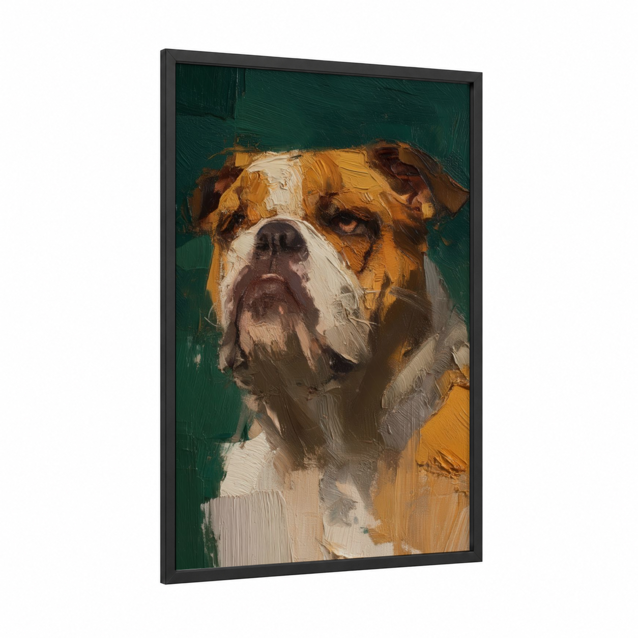 Emerald Bulldog framed art print — black wood frame — dark green and gold palette