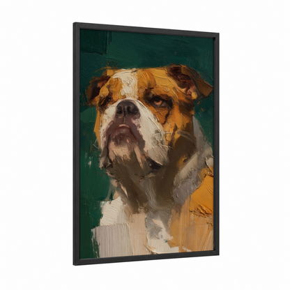 Emerald Bulldog framed art print — black wood frame — dark green and gold palette