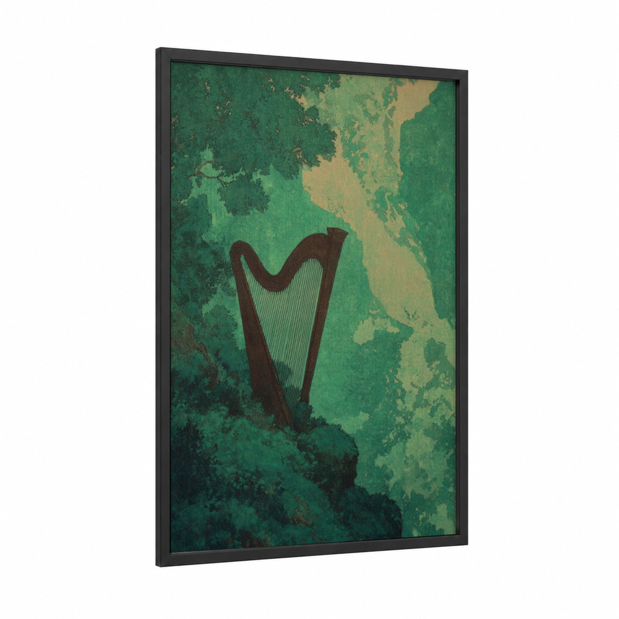 Emerald Harp framed art print — black wood frame — true green and gold palette