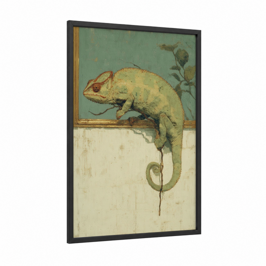 Perched Chameleon framed art print — black wood frame — sage green and cream palette