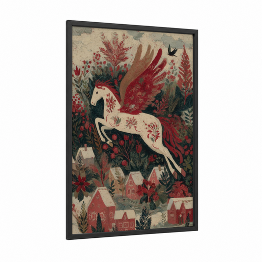 Winged Horse Village framed pegasus print — black wood frame — russet and cream palette