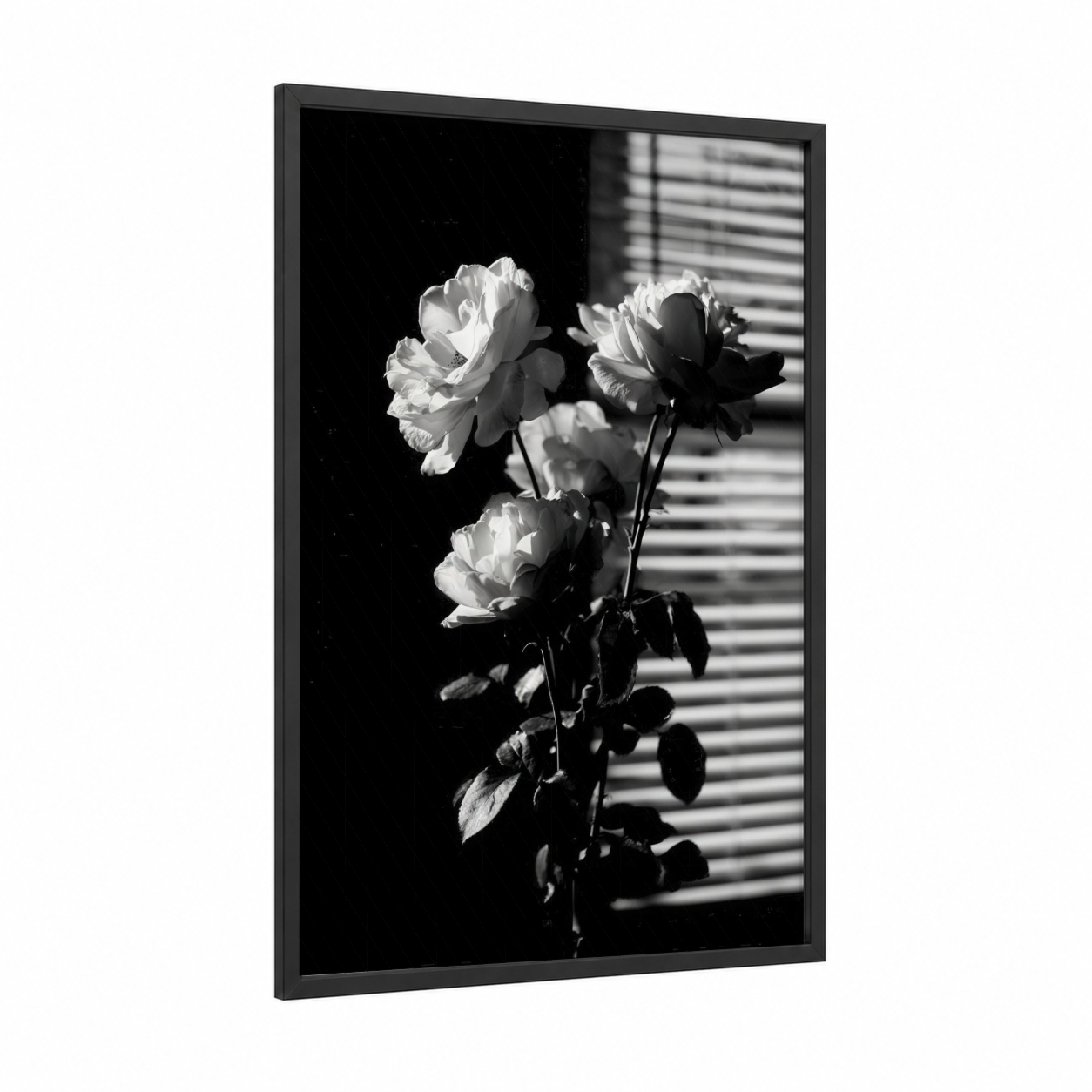 Monochrome Roses framed art print — black wood frame — black and white palette