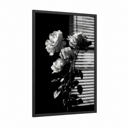 Monochrome Roses framed art print — black wood frame — black and white palette