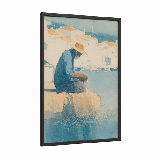 Dockside Fisherman framed fishing print — black wood frame — blue and cream palette