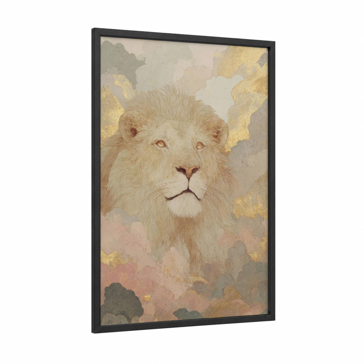 Celestial Lion framed leo print — black wood frame — gold and cream palette