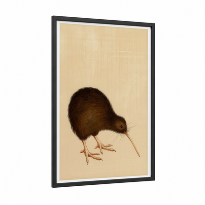 Brown Kiwi Bird framed art print — black wood frame — beige and brown palette