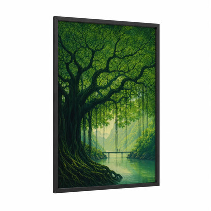 Mystical Banyan Tree River Wall Art framed art print — black wood frame — true green and sage green palette