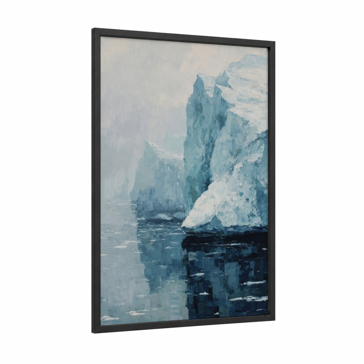 Icy Cliff Passage framed art print — black wood frame — blue and white palette