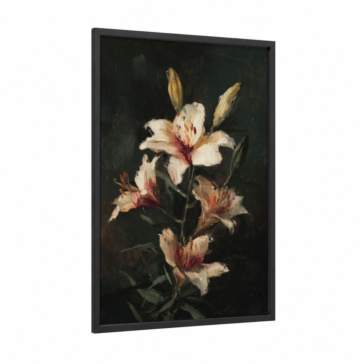 Crimson Lily Study framed art print — black wood frame — cream and maroon palette
