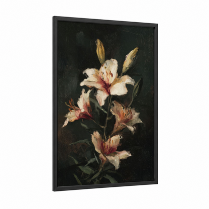 Crimson Lily Study framed art print — black wood frame — cream and maroon palette