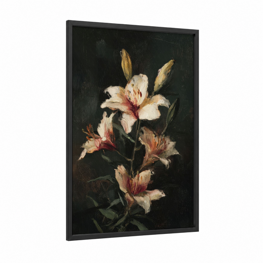Crimson Lily Study framed art print — black wood frame — cream and maroon palette