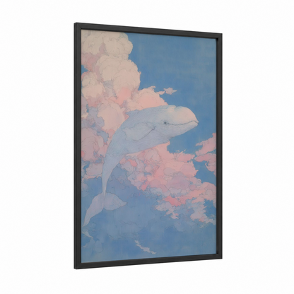 Dreamy Beluga framed beluga whale print — black wood frame — blue and peach palette