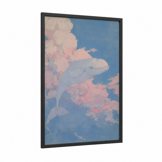 Dreamy Beluga framed beluga whale print — black wood frame — blue and peach palette