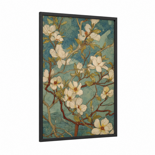 Cream Dogwood framed art print — black wood frame — teal and cream palette