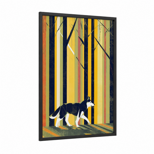 Forest Husky framed art print — black wood frame — yellow gold and black and white palette