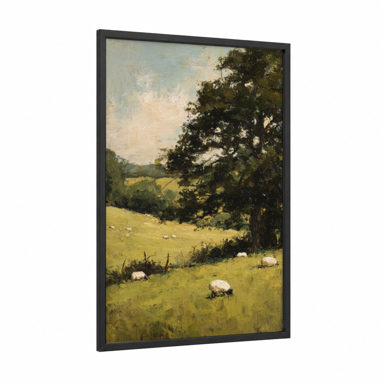Pastoral Meadow framed green field print — black wood frame — green and cream palette