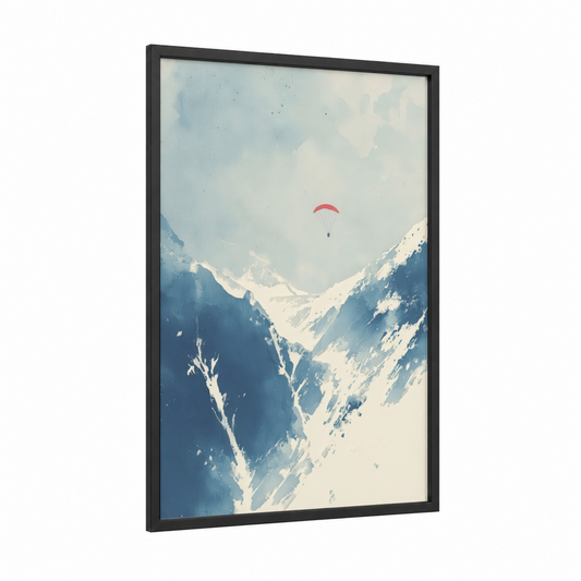 Alpine Paraglider framed paragliding print — black wood frame — blue and white and cream palette