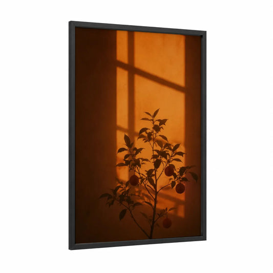 Sunset Window Shadow Plant Wall Art framed art print — black wood frame — orange and espresso palette