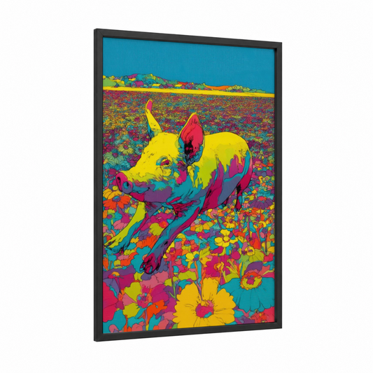 Wildflower Pig framed art print — black wood frame — magenta and yellow gold palette