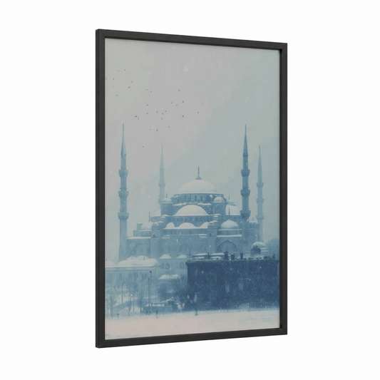 Snowy Mosque framed art print — black wood frame — blue and gray and white palette