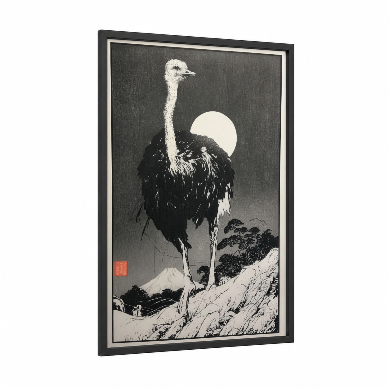 Moonlit Ostrich framed art print — black wood frame — black and white palette