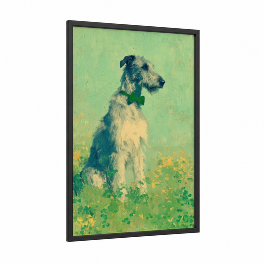 Lucky Terrier framed st. patrick's day print — black wood frame — light green and yellow gold palette