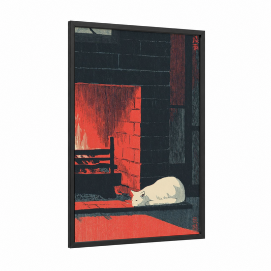 Crimson Fireplace Cat framed art print — black wood frame — black and red and cream palette