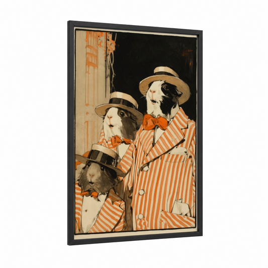 Dapper Guinea Pig Duo framed art print — black wood frame — cream and orange palette