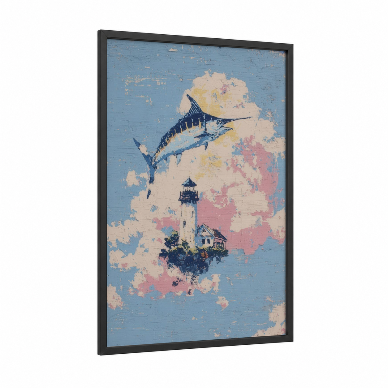 Marlin Lighthouse framed blue marlin print — black wood frame — blue and cream palette