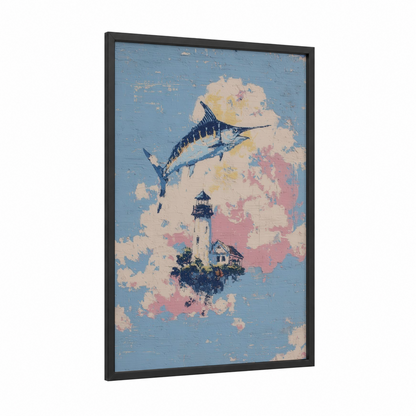 Marlin Lighthouse framed blue marlin print — black wood frame — blue and cream palette