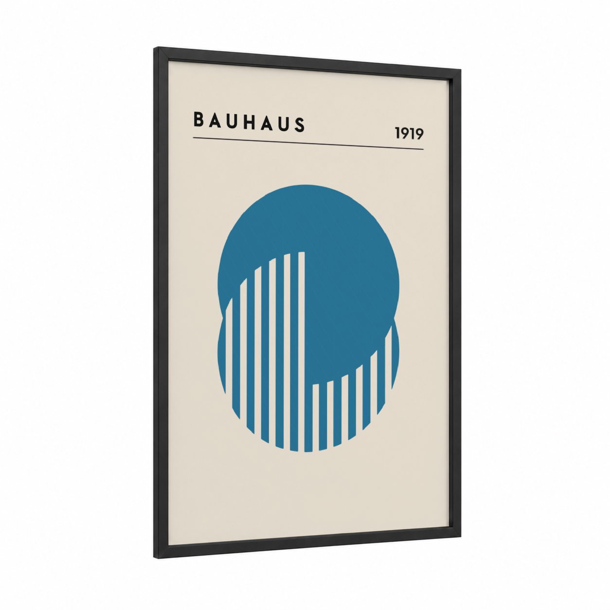 Bauhaus Geometry framed abstract geometric print — black wood frame — blue and cream palette