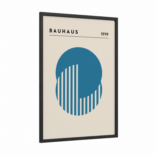 Bauhaus Geometry framed abstract geometric print — black wood frame — blue and cream palette