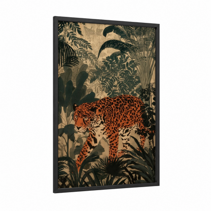 Prowling Jaguar framed art print — black wood frame — russet and black palette