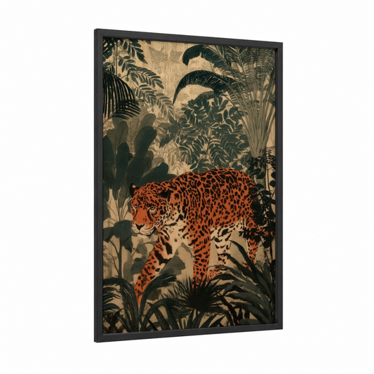 Prowling Jaguar framed art print — black wood frame — russet and black palette