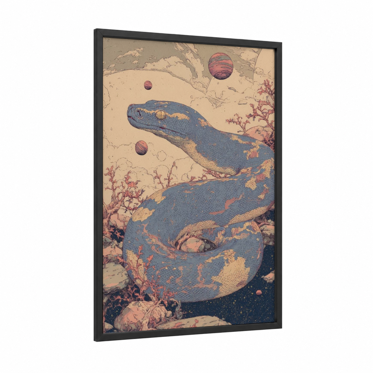 Cosmic Boa framed boa constrictor print — black wood frame — blue and peach palette