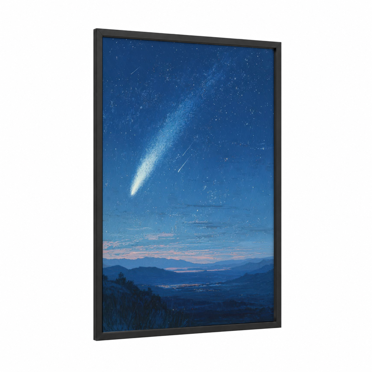 Comet Descent framed astroids and comets print — black wood frame — blue and white palette