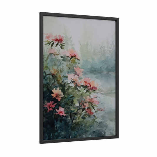 Misty Rhododendron framed art print — black wood frame — pink and light green palette
