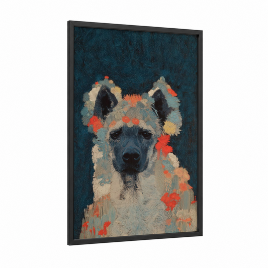Autumn Hyena framed art print — black wood frame — dark blue and orange palette