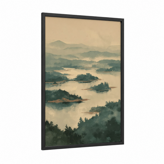 Misty Lake Islands framed lakes print — black wood frame — sage green and cream palette