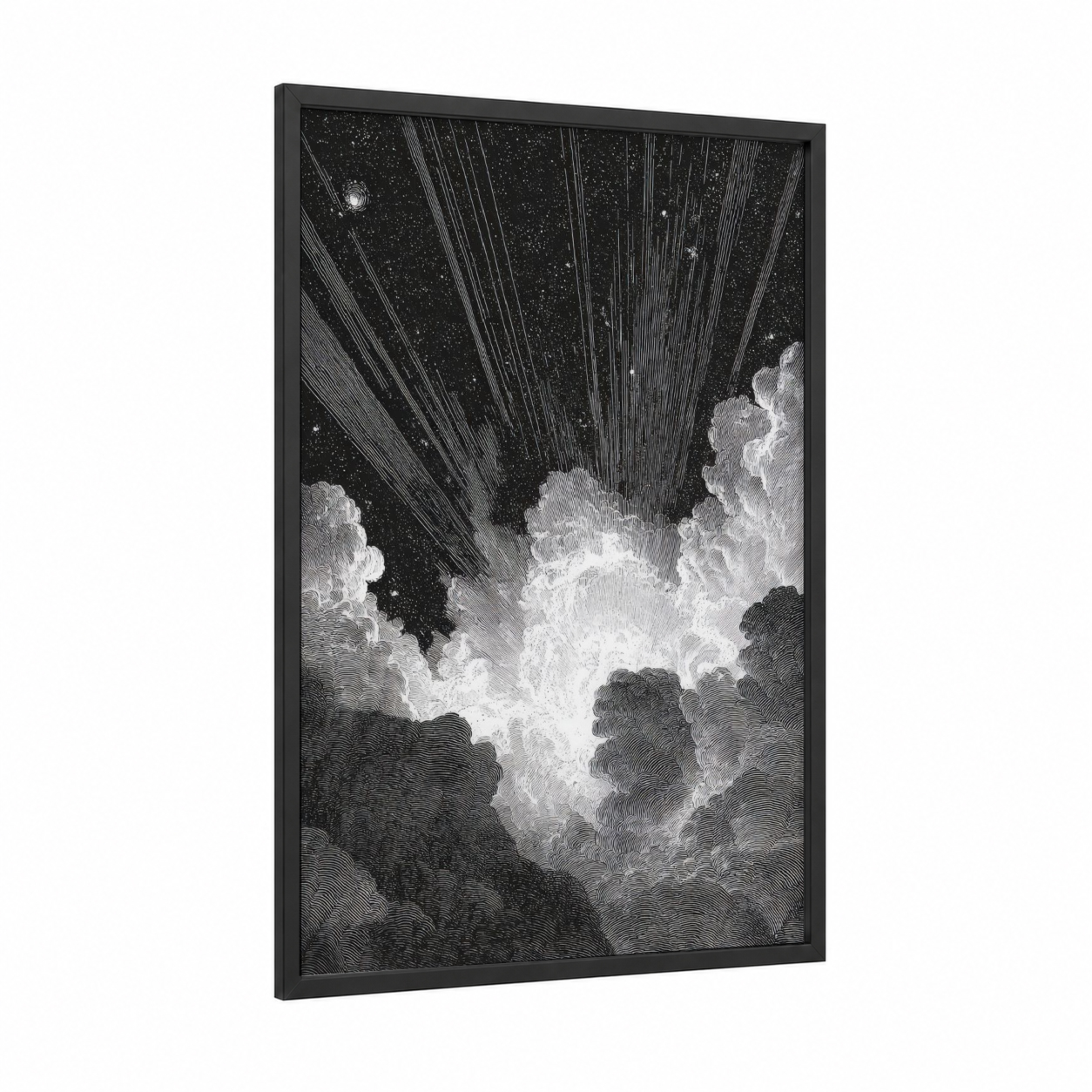 Cosmic Supernova framed art print — black wood frame — black and white palette