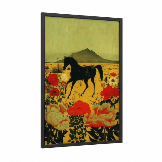 Desert Stallion framed arabian horse print — black wood frame — yellow gold and red palette