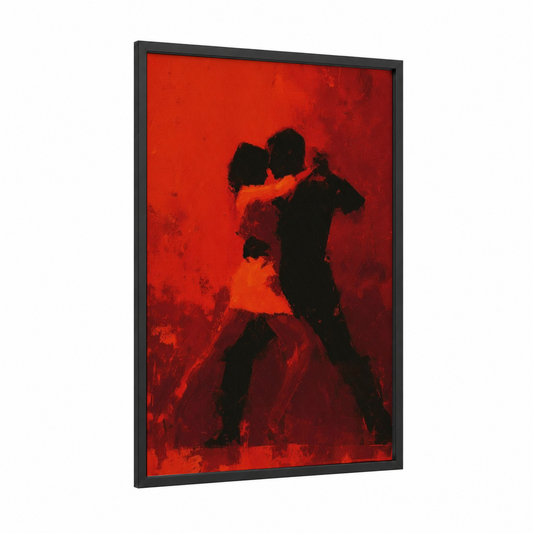 Passionate Salsa Dancers framed art print — black wood frame — red and orange palette