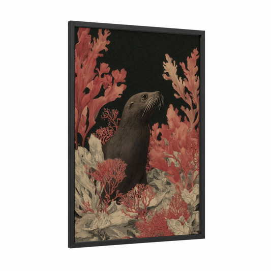 Coral Sea Lion framed art print — black wood frame — salmon pink and cream palette